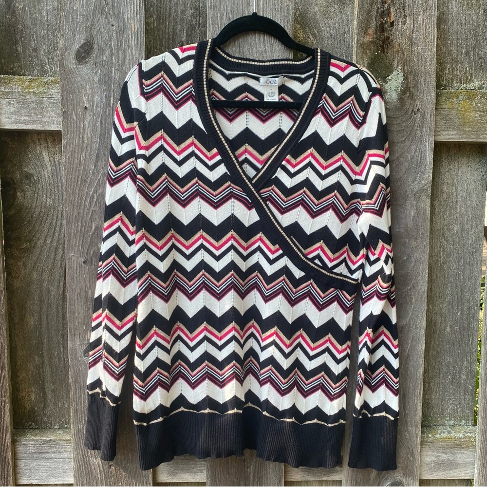 Chevron print faux wrap v-neck sweater